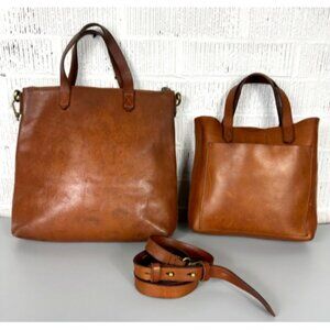 2 Madewell Brown Leather Transport Bags/1 Strap Small Medium Tote Crossbody Lot